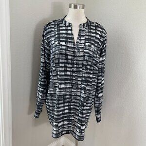 Calvin Klein Womens Plus 2X Black White Plaid Tunic Top Roll Tab Sleeve Shirt